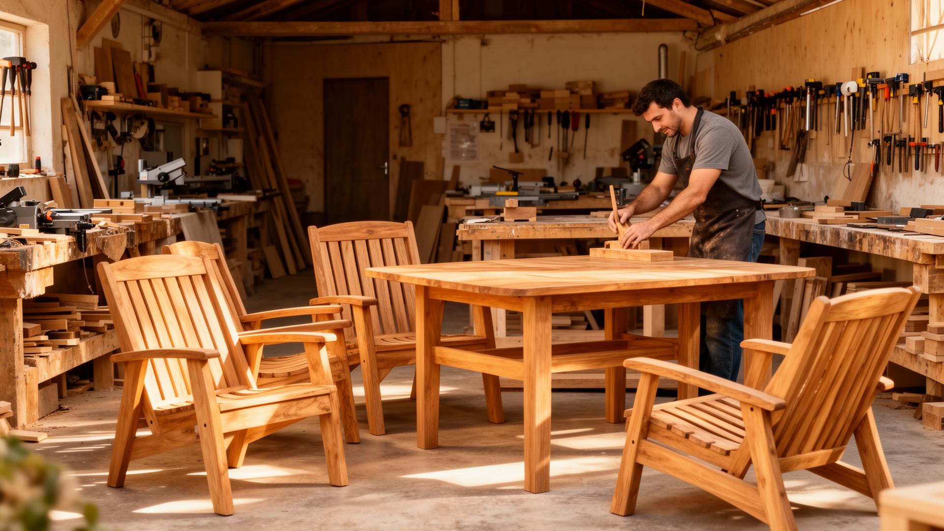 Artisan woodworker carefully finishing premium teak furniture in a sunlit workshop